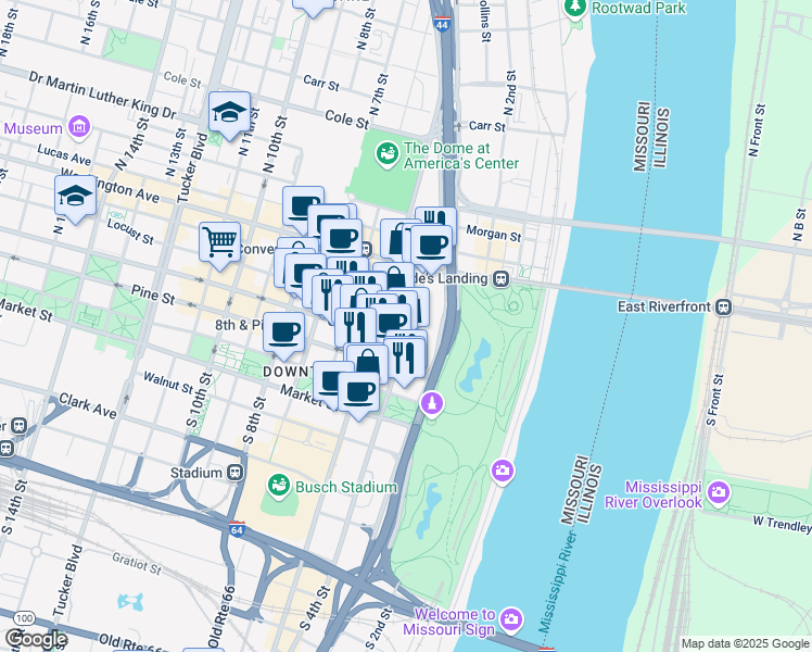 map of restaurants, bars, coffee shops, grocery stores, and more near 300 North 4th Street in St. Louis
