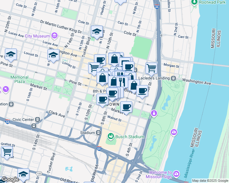 map of restaurants, bars, coffee shops, grocery stores, and more near in St. Louis