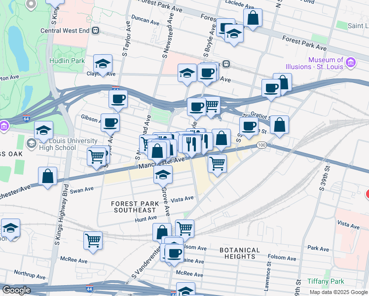 map of restaurants, bars, coffee shops, grocery stores, and more near 4314 Gibson Avenue in St. Louis