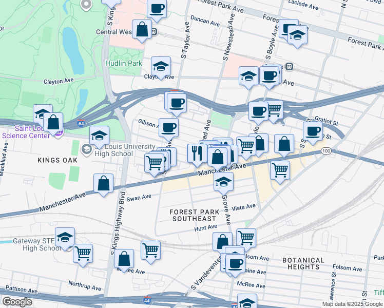 map of restaurants, bars, coffee shops, grocery stores, and more near 4420 Arco Avenue in St. Louis