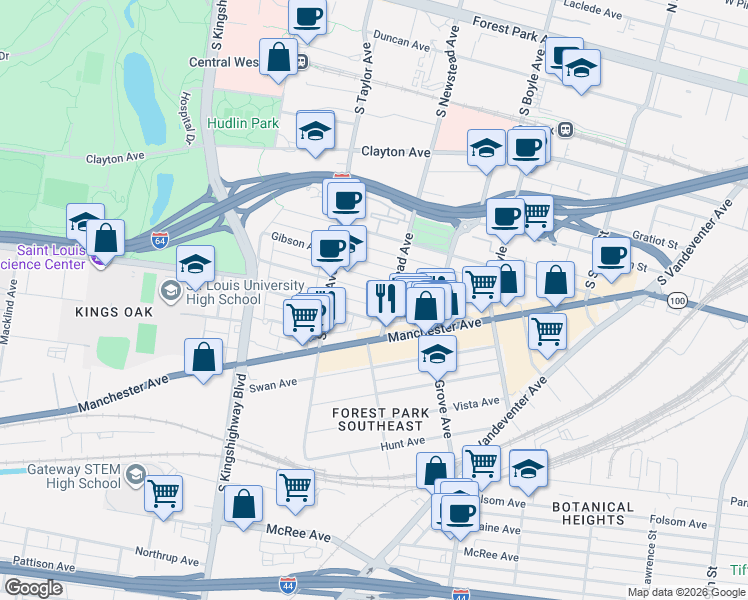 map of restaurants, bars, coffee shops, grocery stores, and more near 4420 Arco Avenue in St. Louis