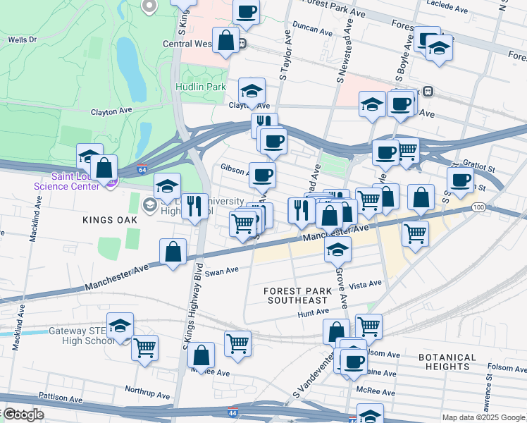 map of restaurants, bars, coffee shops, grocery stores, and more near in St. Louis