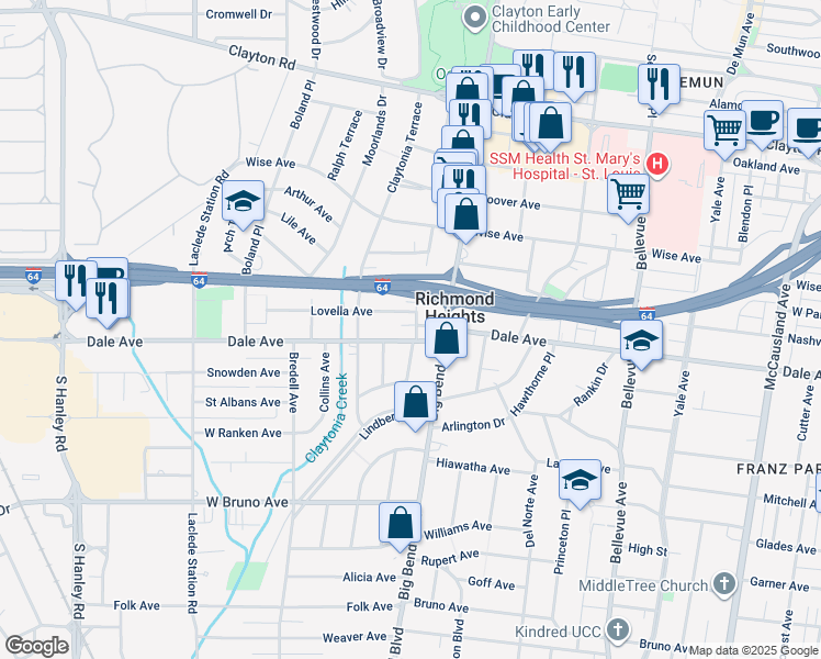 map of restaurants, bars, coffee shops, grocery stores, and more near 7515 Dale Avenue in Richmond Heights