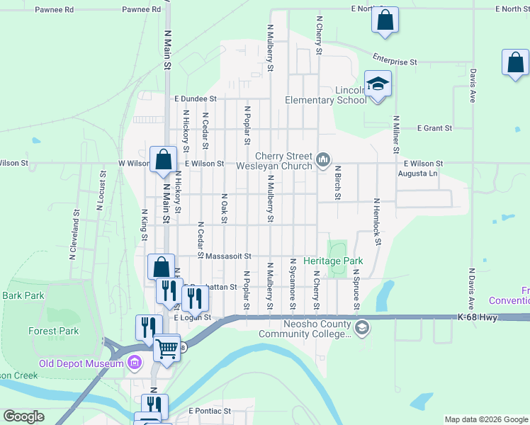 map of restaurants, bars, coffee shops, grocery stores, and more near 812 North Mulberry Street in Ottawa