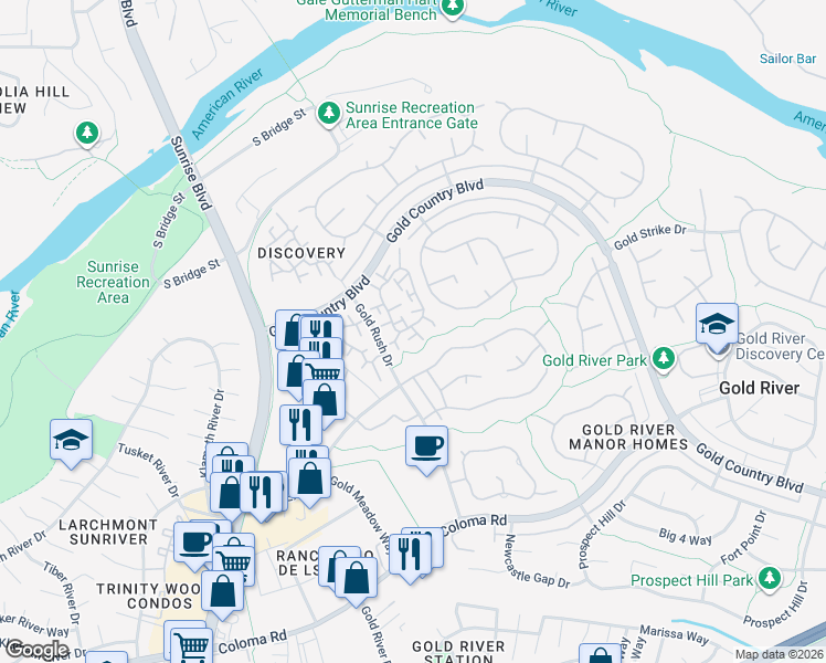 map of restaurants, bars, coffee shops, grocery stores, and more near 2070 Promontory Point Lane in Gold River