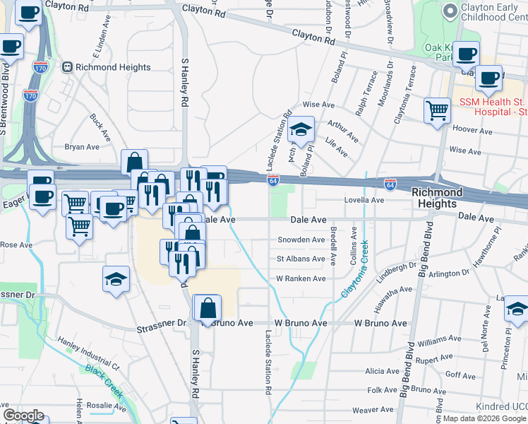 map of restaurants, bars, coffee shops, grocery stores, and more near 1325 Laclede Station Road in Richmond Heights