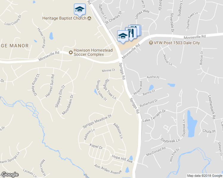 map of restaurants, bars, coffee shops, grocery stores, and more near 15042 Barnes Meadows Court in Woodbridge