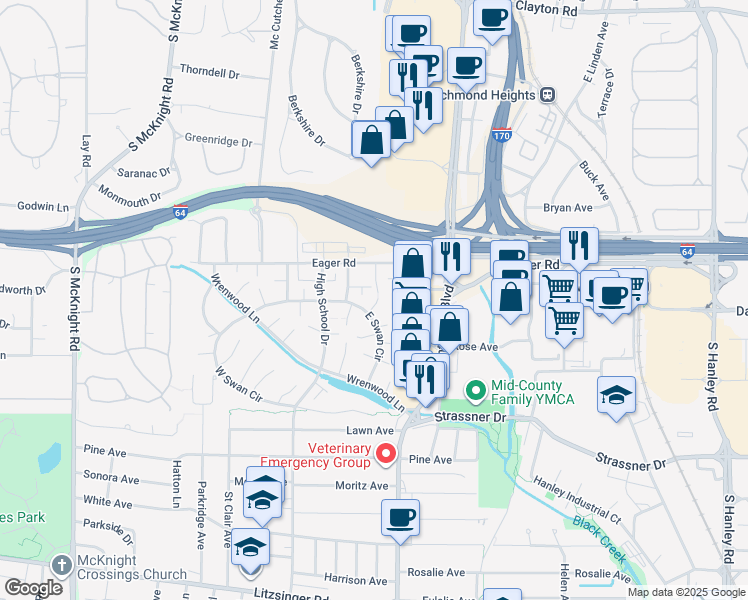 map of restaurants, bars, coffee shops, grocery stores, and more near 1441 Bluebird Terrace in St. Louis