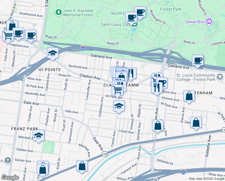 map of restaurants, bars, coffee shops, grocery stores, and more near 6428 Wise Avenue in St. Louis