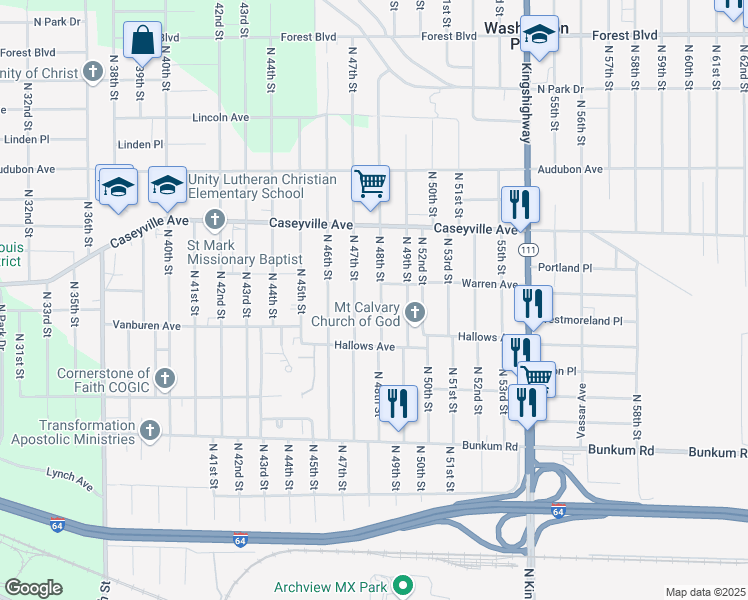 map of restaurants, bars, coffee shops, grocery stores, and more near 1445 North 48th Street in East Saint Louis