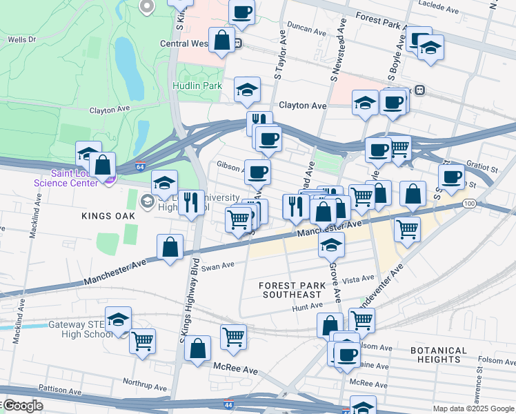 map of restaurants, bars, coffee shops, grocery stores, and more near 1088 South Taylor Avenue in St. Louis