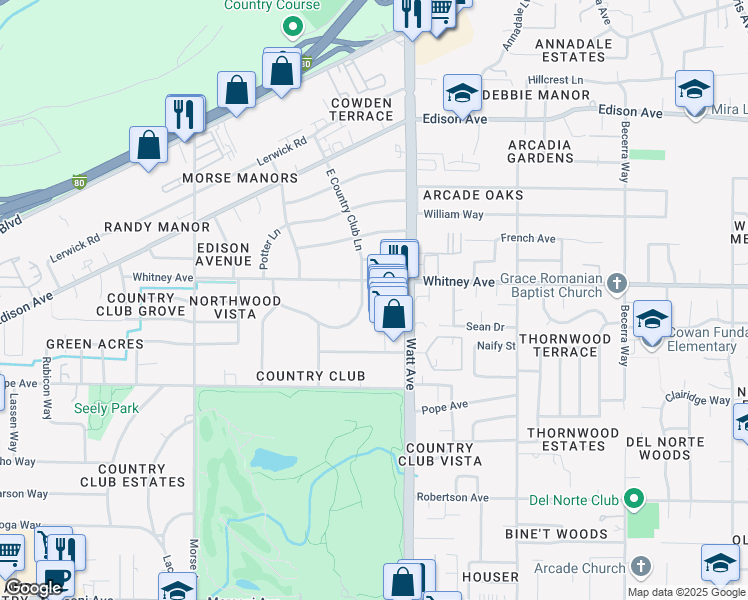 map of restaurants, bars, coffee shops, grocery stores, and more near 3430 East Country Club Lane in Sacramento