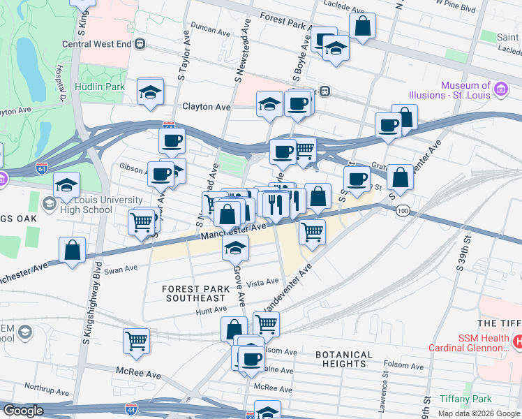 map of restaurants, bars, coffee shops, grocery stores, and more near 4314 Gibson Avenue in St. Louis