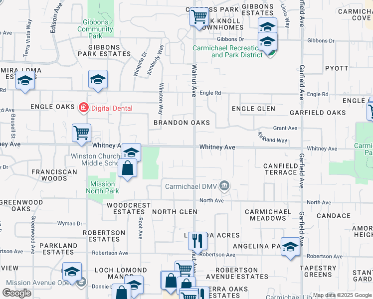 map of restaurants, bars, coffee shops, grocery stores, and more near 5032 Whitney Avenue in Carmichael