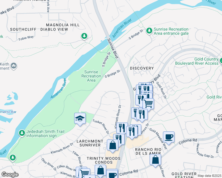 map of restaurants, bars, coffee shops, grocery stores, and more near 2023 Klamath River Drive in Rancho Cordova