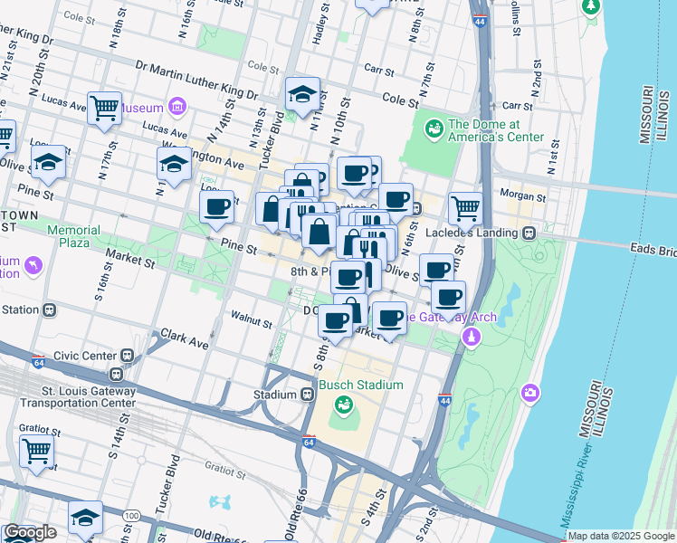 map of restaurants, bars, coffee shops, grocery stores, and more near 801 Pine Street in St. Louis