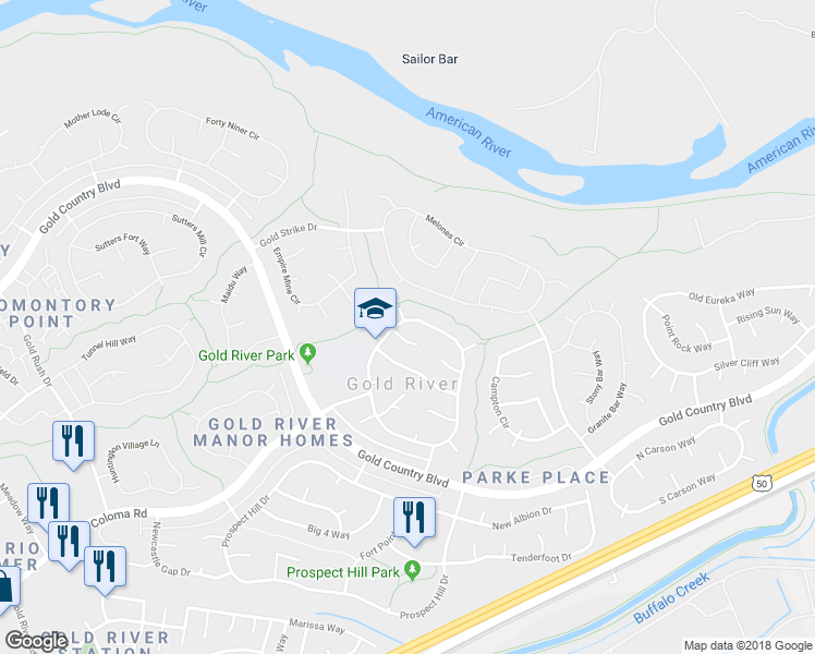 map of restaurants, bars, coffee shops, grocery stores, and more near 2177 Roaring Camp Drive in Rancho Cordova