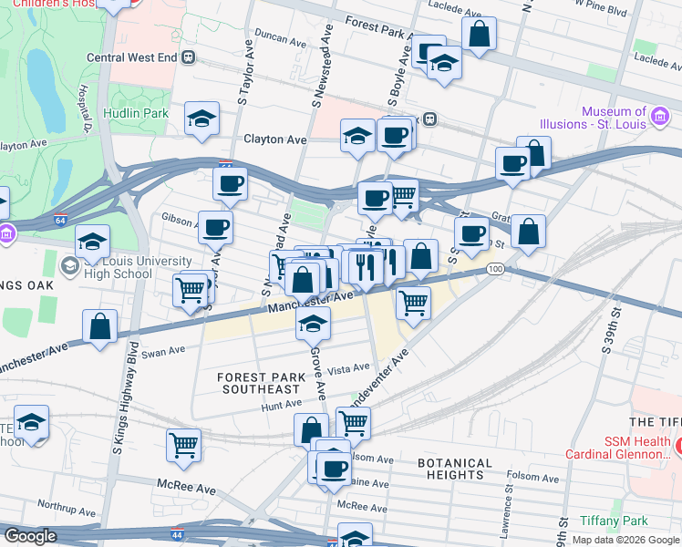 map of restaurants, bars, coffee shops, grocery stores, and more near 4322 Gibson Avenue in St. Louis
