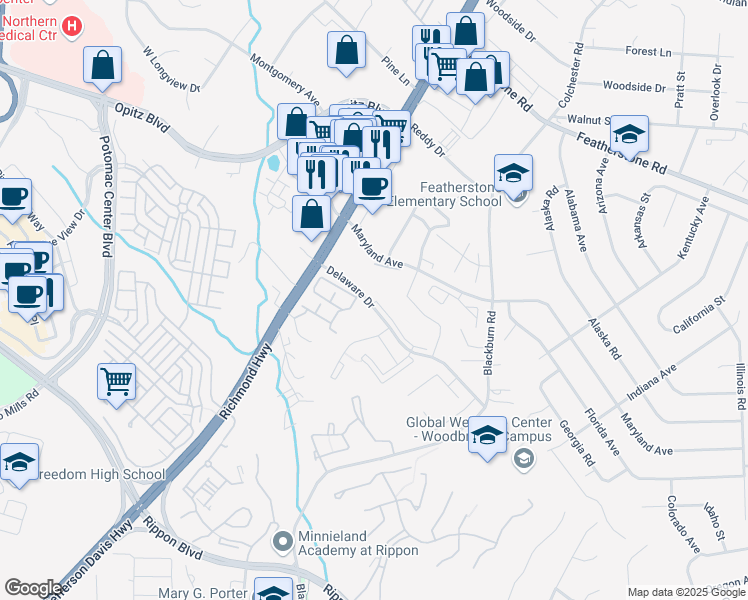 map of restaurants, bars, coffee shops, grocery stores, and more near 2044 Horizon Court in Woodbridge