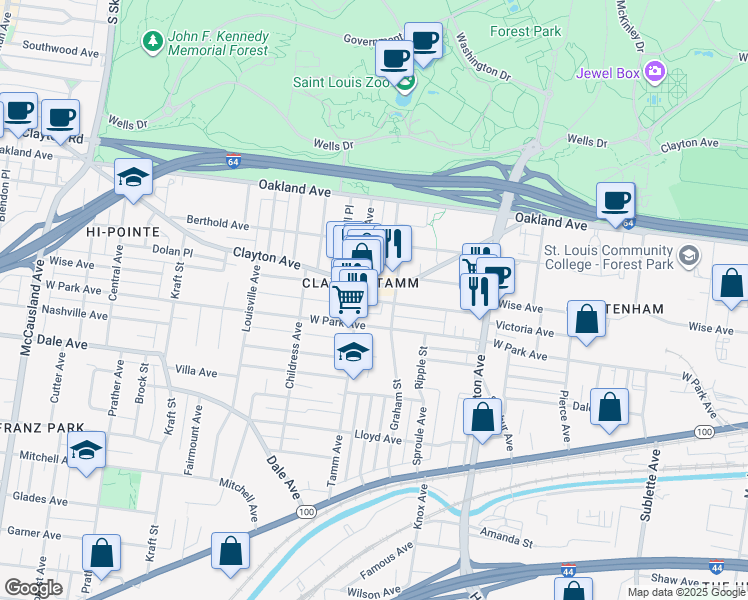 map of restaurants, bars, coffee shops, grocery stores, and more near 6325 Victoria Avenue in Saint Louis