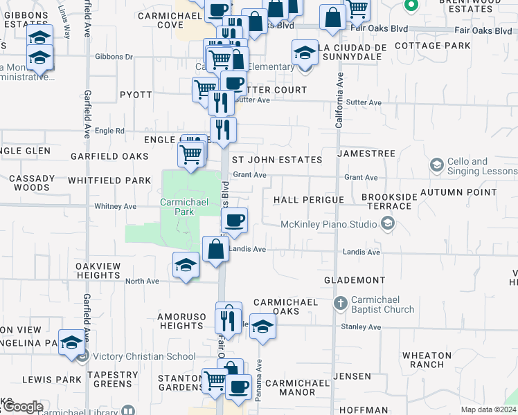 map of restaurants, bars, coffee shops, grocery stores, and more near 3505 Grant Park Drive in Carmichael