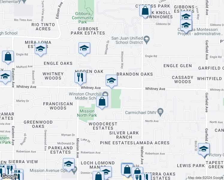 map of restaurants, bars, coffee shops, grocery stores, and more near 4900 Whitney Avenue in Carmichael