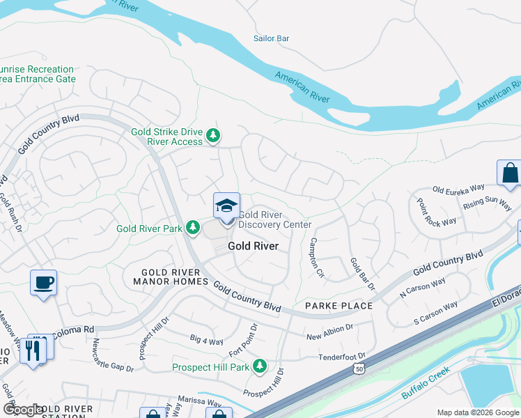 map of restaurants, bars, coffee shops, grocery stores, and more near 2177 Roaring Camp Drive in Rancho Cordova