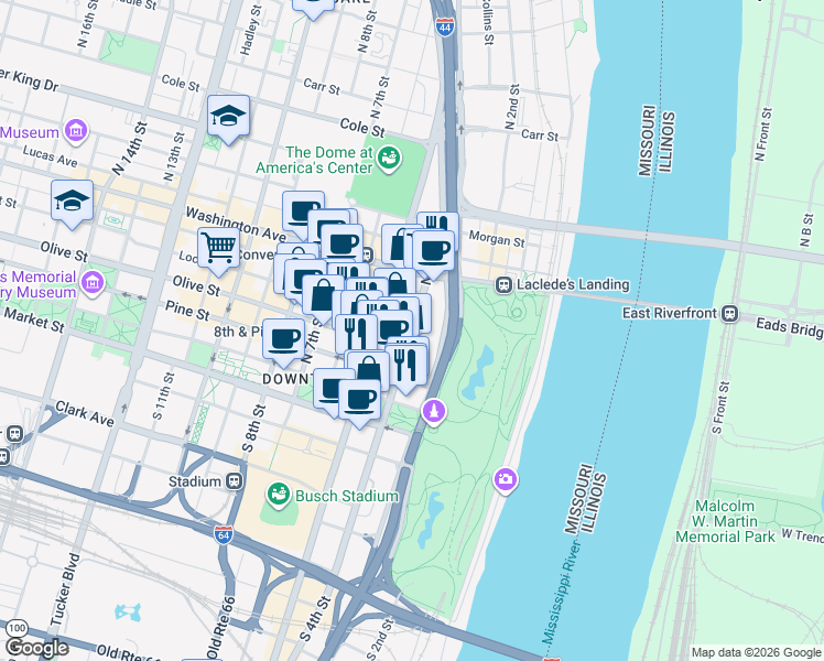 map of restaurants, bars, coffee shops, grocery stores, and more near 300 North 4th Street in St. Louis