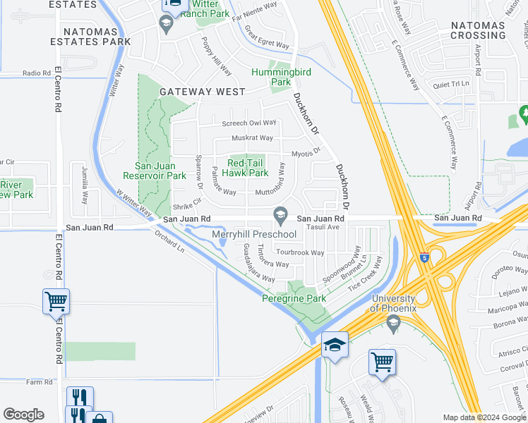 map of restaurants, bars, coffee shops, grocery stores, and more near 2952 Frigate Bird Drive in Sacramento