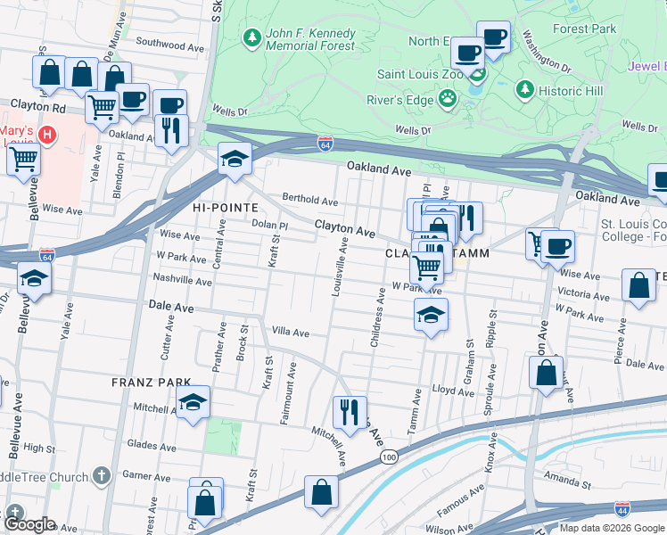 map of restaurants, bars, coffee shops, grocery stores, and more near 1228 San Jacinto Court in St. Louis