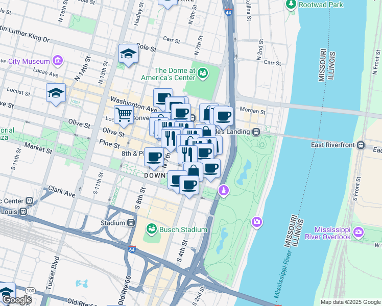 map of restaurants, bars, coffee shops, grocery stores, and more near 301 North Broadway in St. Louis