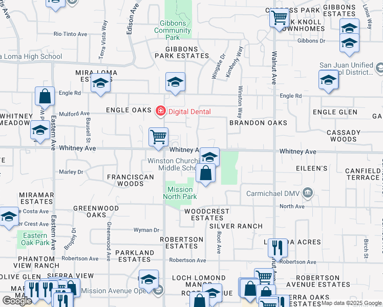 map of restaurants, bars, coffee shops, grocery stores, and more near 4754 Whitney Avenue in Carmichael