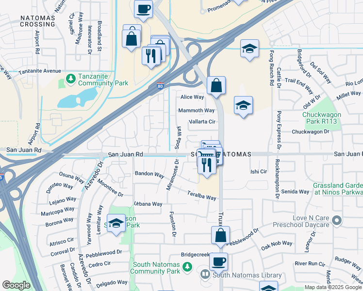 map of restaurants, bars, coffee shops, grocery stores, and more near 3340 Soda Way in Sacramento