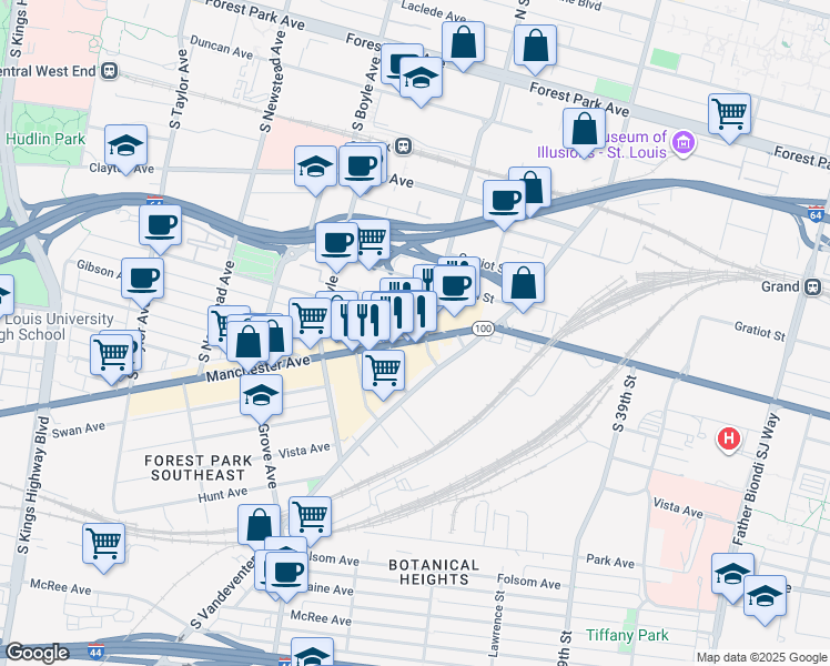 map of restaurants, bars, coffee shops, grocery stores, and more near 4101 Manchester Avenue in St. Louis