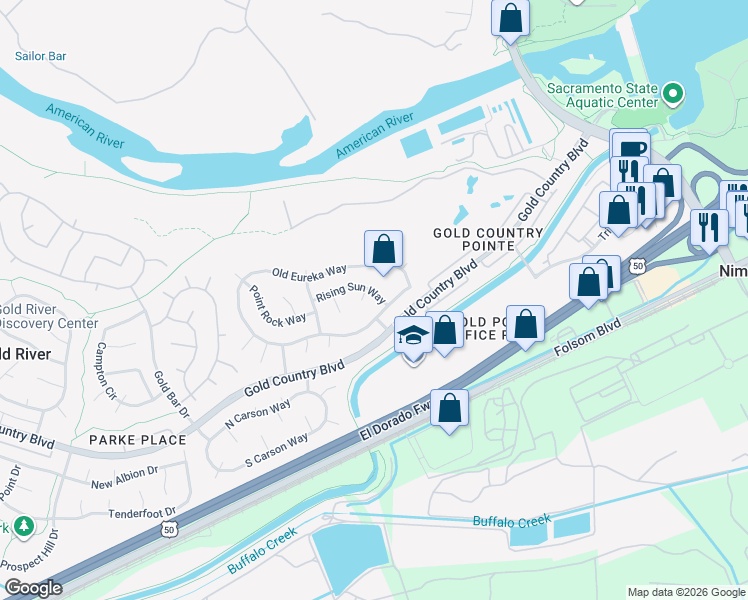 map of restaurants, bars, coffee shops, grocery stores, and more near 2055 Rainbow Mine Court in Gold River