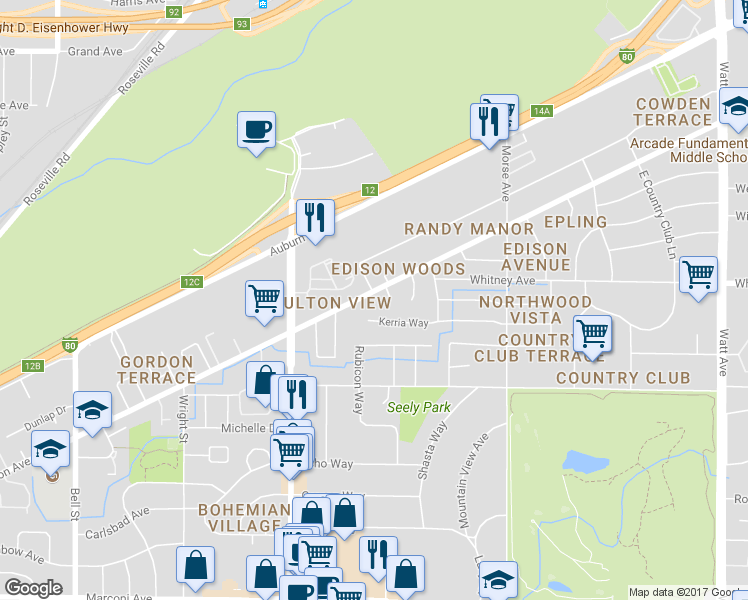 map of restaurants, bars, coffee shops, grocery stores, and more near 2732 Edison Avenue in Sacramento
