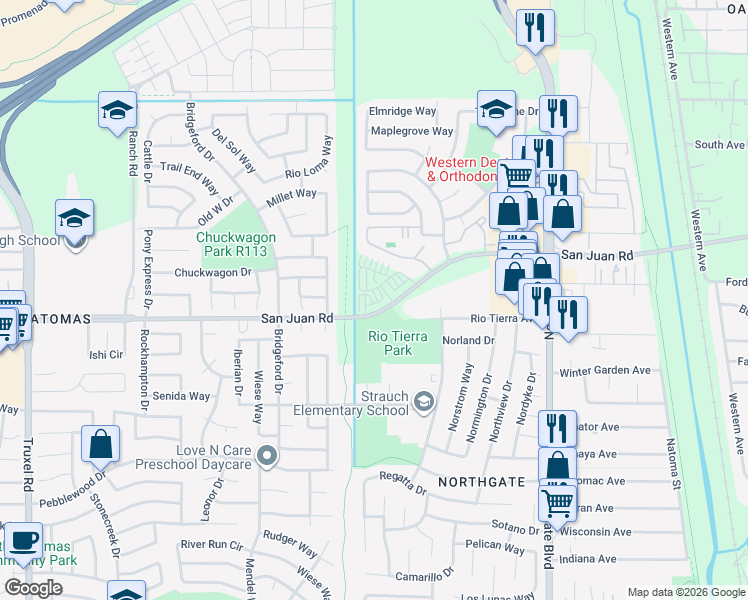 map of restaurants, bars, coffee shops, grocery stores, and more near 925-985 San Juan Rd in Sacramento