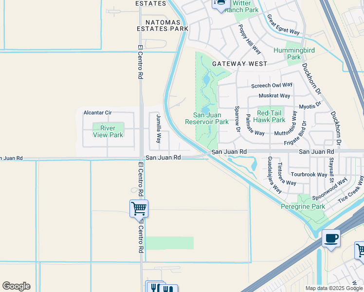 map of restaurants, bars, coffee shops, grocery stores, and more near 6 Mencia Court in Sacramento