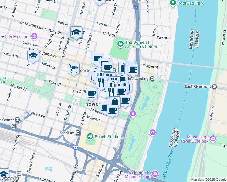 map of restaurants, bars, coffee shops, grocery stores, and more near 301 North Broadway in St. Louis