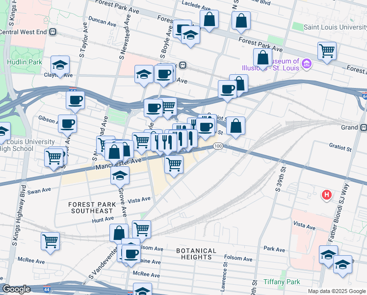 map of restaurants, bars, coffee shops, grocery stores, and more near 4101 Manchester Avenue in St. Louis