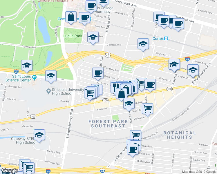 map of restaurants, bars, coffee shops, grocery stores, and more near 4420 Arco Avenue in St. Louis