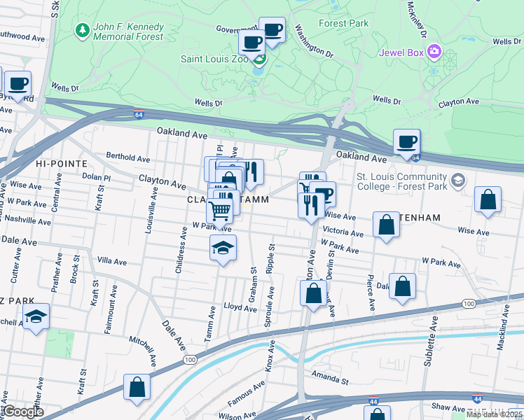 map of restaurants, bars, coffee shops, grocery stores, and more near 6227 Victoria Avenue in St. Louis