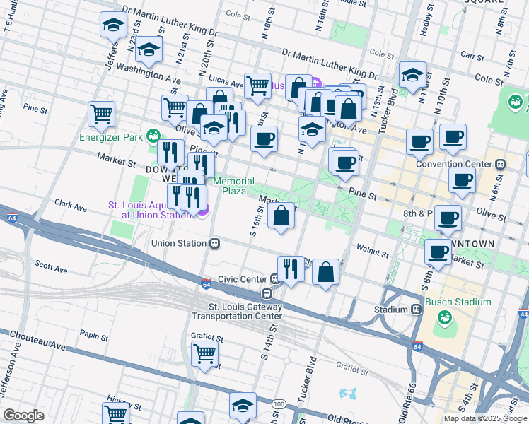 map of restaurants, bars, coffee shops, grocery stores, and more near 1520 Market Street in St. Louis