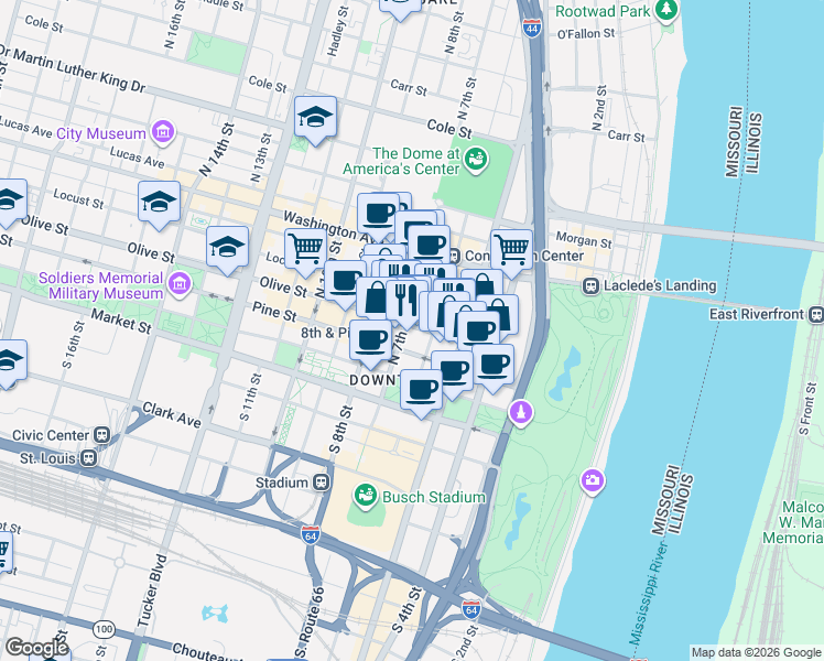 map of restaurants, bars, coffee shops, grocery stores, and more near 616 Olive Street in St. Louis