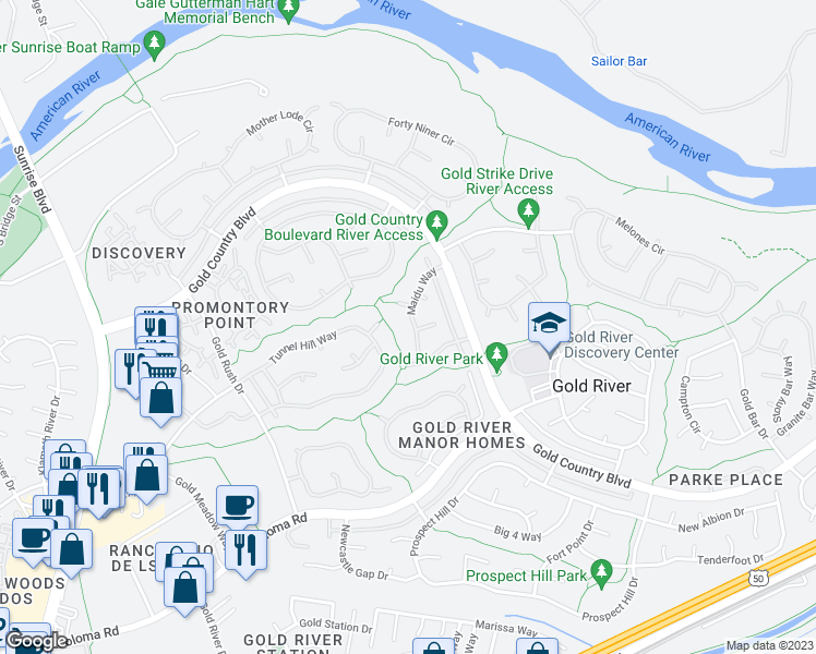 map of restaurants, bars, coffee shops, grocery stores, and more near 2052 Maidu Way in Gold River