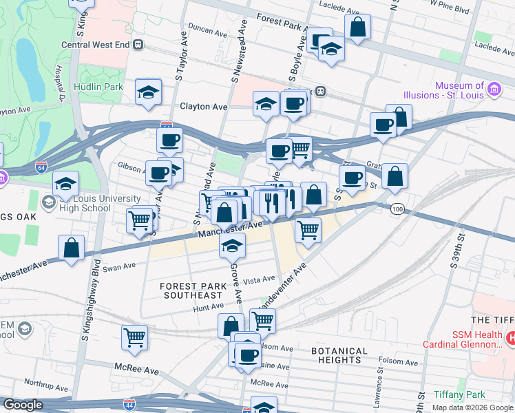 map of restaurants, bars, coffee shops, grocery stores, and more near 4314 Gibson Avenue in St. Louis
