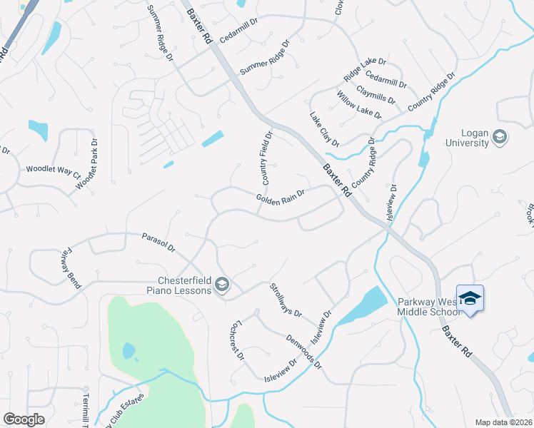 map of restaurants, bars, coffee shops, grocery stores, and more near 15315 Country Ridge Drive in Chesterfield