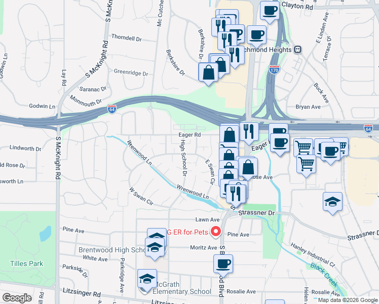 map of restaurants, bars, coffee shops, grocery stores, and more near 8901 North Swan Circle in Brentwood