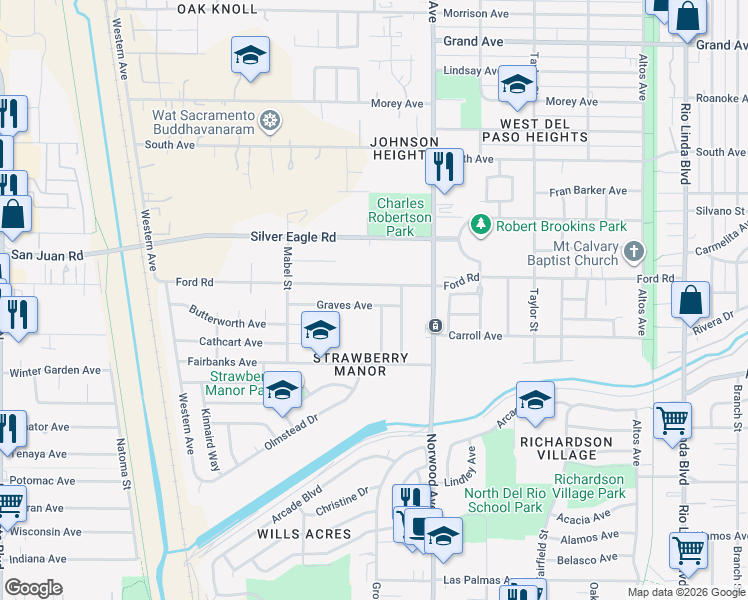map of restaurants, bars, coffee shops, grocery stores, and more near 257 Graves Avenue in Sacramento