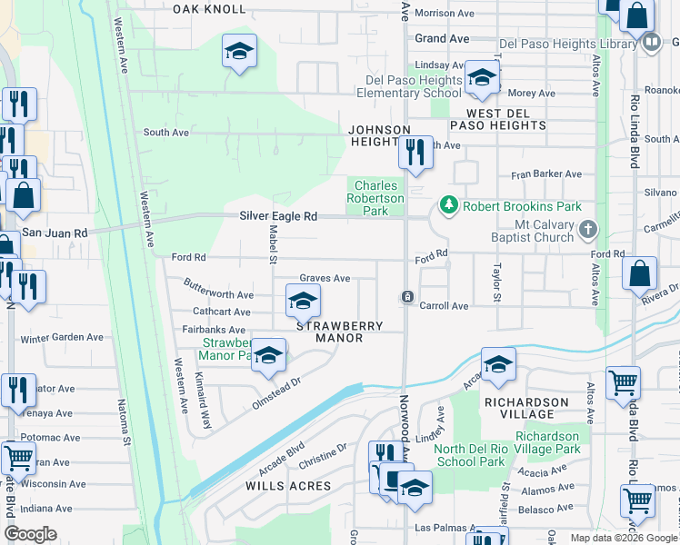 map of restaurants, bars, coffee shops, grocery stores, and more near 257 Graves Avenue in Sacramento